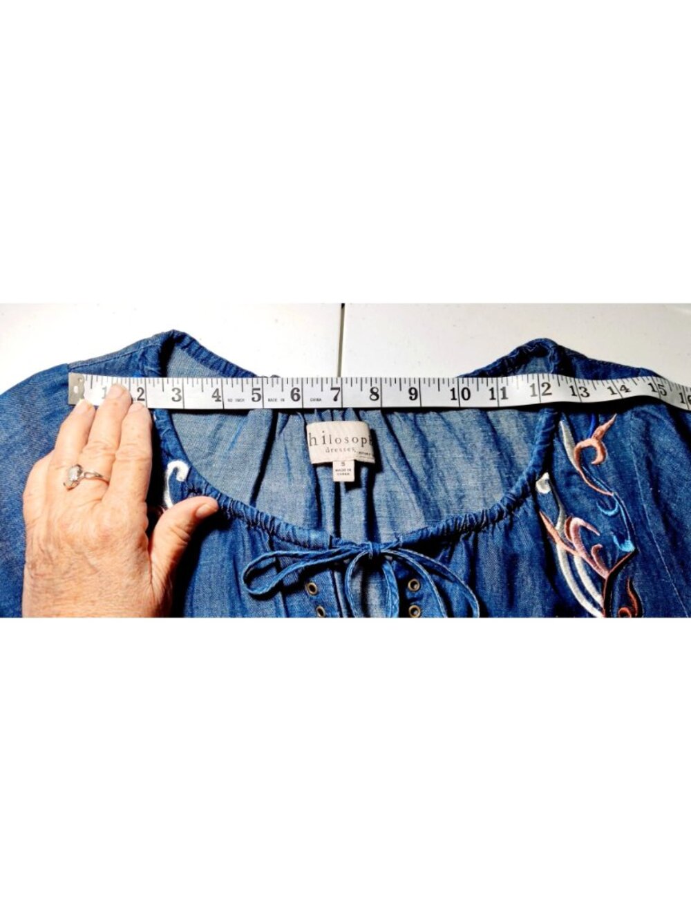 Philosophy Boho Chambray Dress S Blue Floral Embroidery Peasant Tassel Gromets - Picture 11 of 15